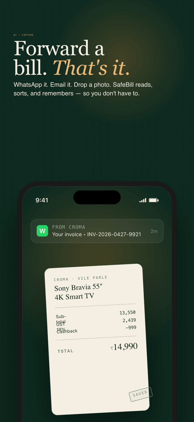 SafeBill capture screen showing WhatsApp bill forwarding
